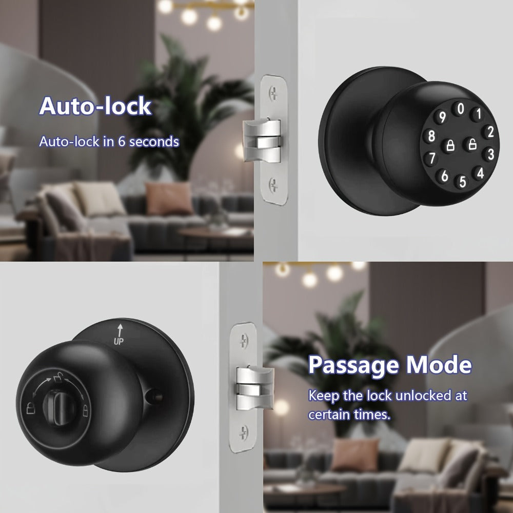 Anti-Peep Keypad Smart Door Knob with App & Passage Mode - Auto-Lock, Keyless Entry, Mechanical Key Backup, Wireless Electronic Door Knob for Bedroom, Home, Hotel & Office, Black