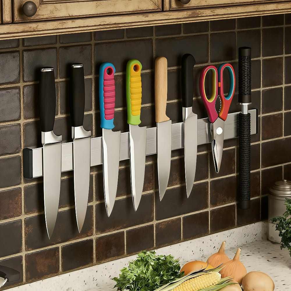 Magnetic Knife Holder Wall Mounted – Stainless Steel Punch-Free Knife Strip Rack for Kitchen, Holds Chef Knife Santoku Bread Knife, No-Drill Knife Bar for Home Restaurant Kitchen Organization
