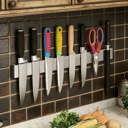 Magnetic Knife Holder Wall Mounted – Stainless Steel Punch-Free Knife Strip Rack for Kitchen, Holds Chef Knife Santoku Bread Knife, No-Drill Knife Bar for Home Restaurant Kitchen Organization