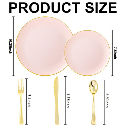 Disposable Plastic Plates Set 50 Piece - Pink Gold Rim Party Tableware with Dinner Plates, Dessert Plates & Utensils for Birthday Wedding Holiday