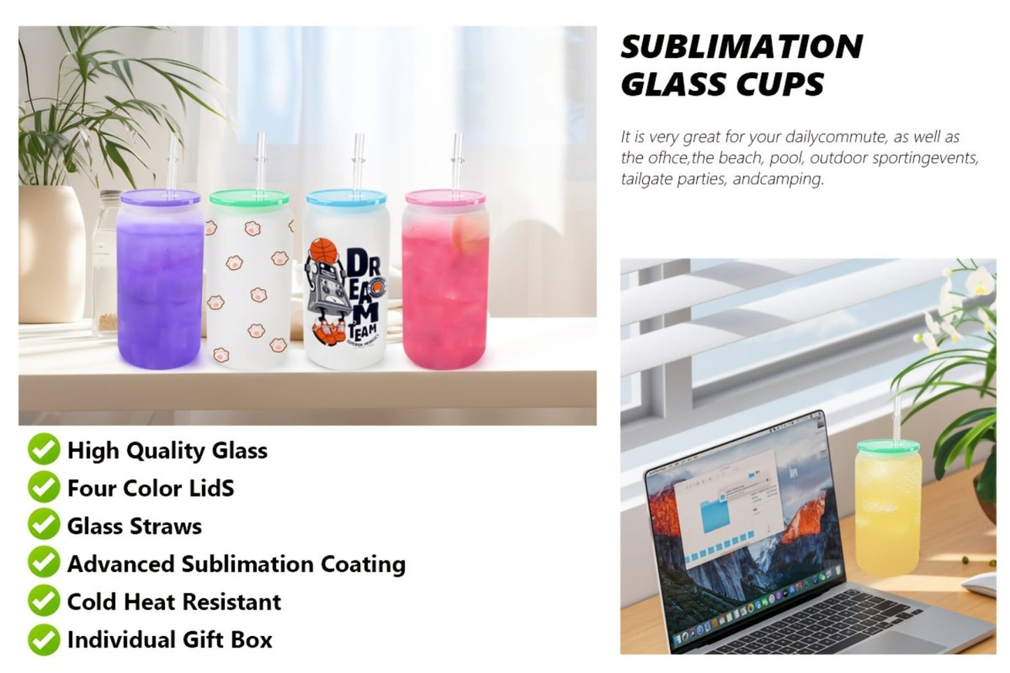 Frosted Sublimation Glass Tumblers 16oz Borosilicate Can Cups with Acrylic Lids – Set of 8 or 12 for Juice, Soda & Iced Coffee