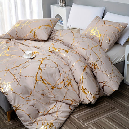 3-Piece Duvet Cover Set with Bronzed-Look Marble Vein Print in White, Khaki or Black and Four Sizes