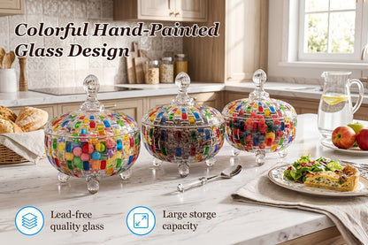 Crystal Glass Candy Dish with Lid & Tongs – Hand-Painted Colorful Candy Box, Jewelry Storage Jar, Christmas Gift for Family & Friends | Elegant Candy Server