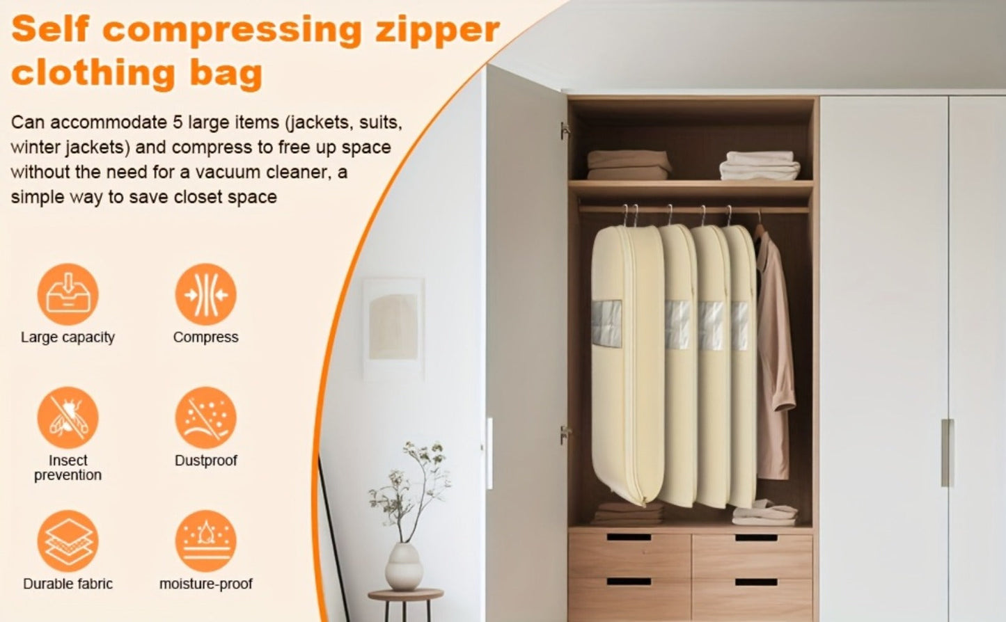 Hanging Garment Bag with Compression Zipper Space Saving Dustproof Clothes Storage Bag with Self Compression Zip Technology for Suits Dresses Coats Closet Wardrobe Organization Beige