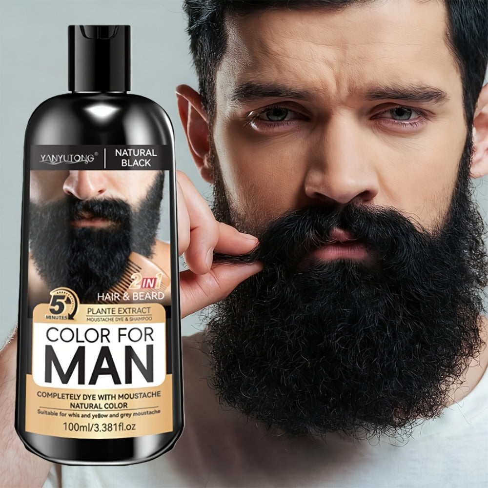 Gray Beard Dye Shampoo for Men 2-in-1 Semi-Permanent Natural Sulfate-Free Formula — Colors & Conditions in One Step, Fast Gray Coverage for Beard Sideburns & Hair, Black Brown Chestnut Brown