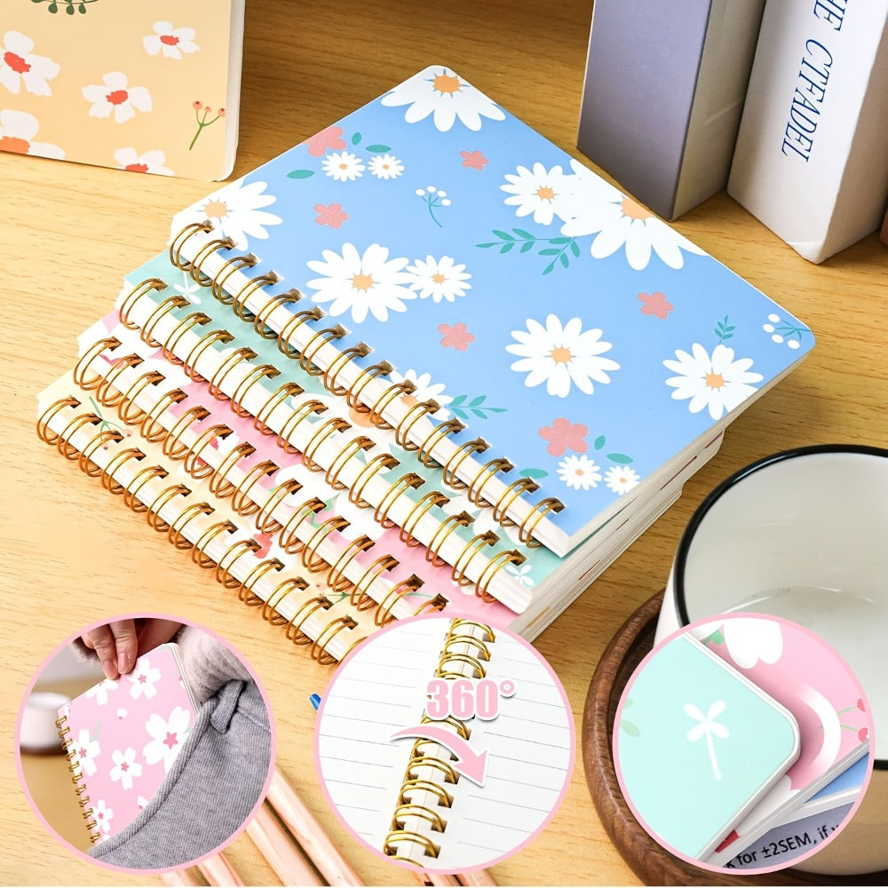 Eight-Pack A6 Floral Spiral Notebooks with Four Designs, Ruled Pages and Tear-Off Binding Pictured