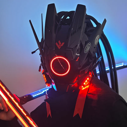LED Braided Cyberpunk Costume Helmet with Circular Face Light and Blue, Green or Pink Accent Styles