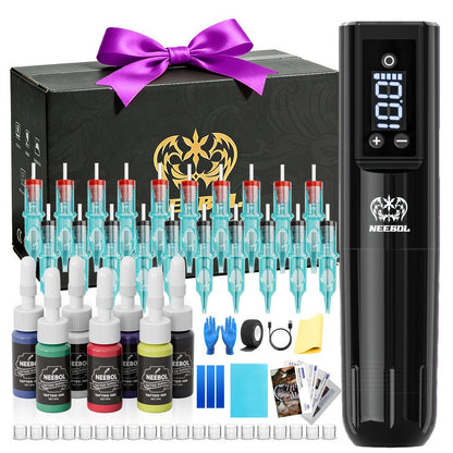 Tattoo Machine Kit Neebol Wireless Pen with Screen Display, 10 Cartridges, 7 Inks and Four Color or Pro Options