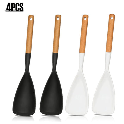Silicone Kitchen Utensil Set 2/4 Pcs – 12-Inch Wood Handle Cooking Tools with Stay-Cool Grip for Frying, Baking, Mixing & Serving, Non-Stick Cookware Safe Spatula & Spoon Kit