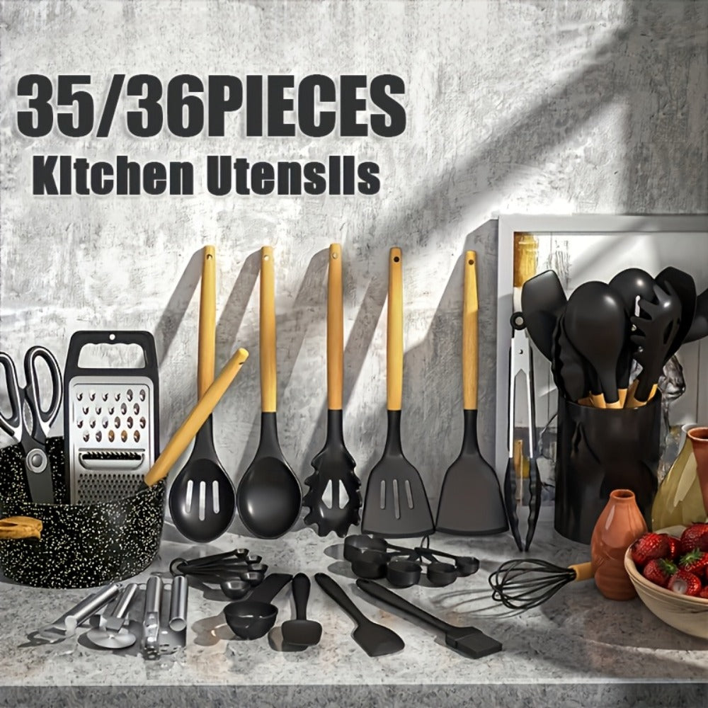 35- or 36-Piece Silicone Kitchen Utensil Set with Holder in Black, Pink or Red, with Optional Glass Cup