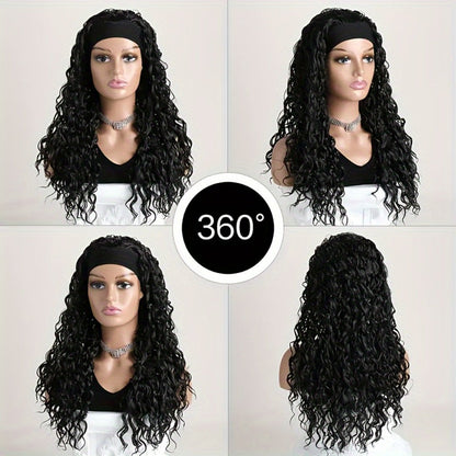 Black Curly Headband Wig in 12, 16 or 22 Inch Protected Length Options with Elastic Cap and Combs