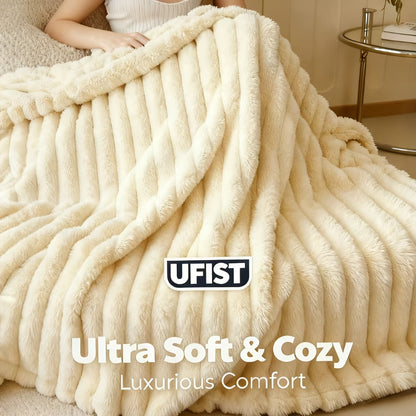 Plush Faux Fur Blanket – Imitation Rabbit Fur 300-350gsm Knit Throw for Sofa, Bed & Travel, All Season, 3 Colors, 2 Sizes