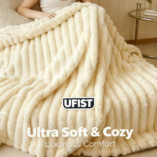 Plush Faux Fur Blanket – Imitation Rabbit Fur 300-350gsm Knit Throw for Sofa, Bed & Travel, All Season, 3 Colors, 2 Sizes