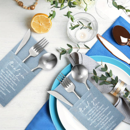 100-Piece Haze Blue Wedding Cocktail Napkin Set with Utensil Pockets for Receptions and Showers