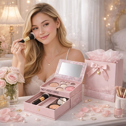 All-in-One Baked Makeup Palette Set 3pcs for Women – 7-Color Face Powder Blush Eyeshadow Trio & Concealer Brush, Portable Travel Compact, Flawless Finish All Skin Tones, Beauty Gift Set