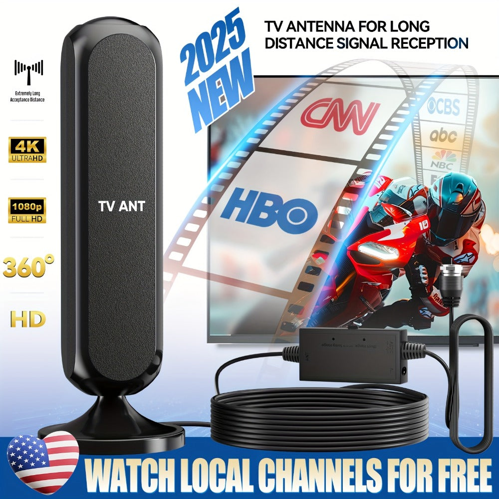Indoor TV Antenna 360° Omnidirectional 200KM Long Range – 4K HD 1080P Amplified Signal, 16FT Coaxial Cable, Free Local Channels, No Monthly Fee, Works with All Smart TVs, Black