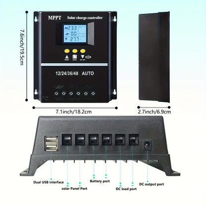 100A MPPT Solar Charge Controller with LCD Display Auto Tracking for 12V 24V 36V 48V Systems Lead-Acid Lithium LiFePO4 Batteries Off-Grid Solar RV Boat Camper