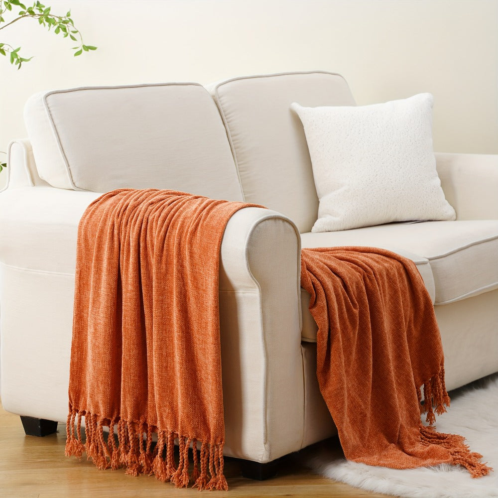 Chenille Fringe Throw Blanket – 180-200gsm Velvety Soft Decorative Throw for Sofa & Couch, Home Decor, 50”×60”, 17 Colors