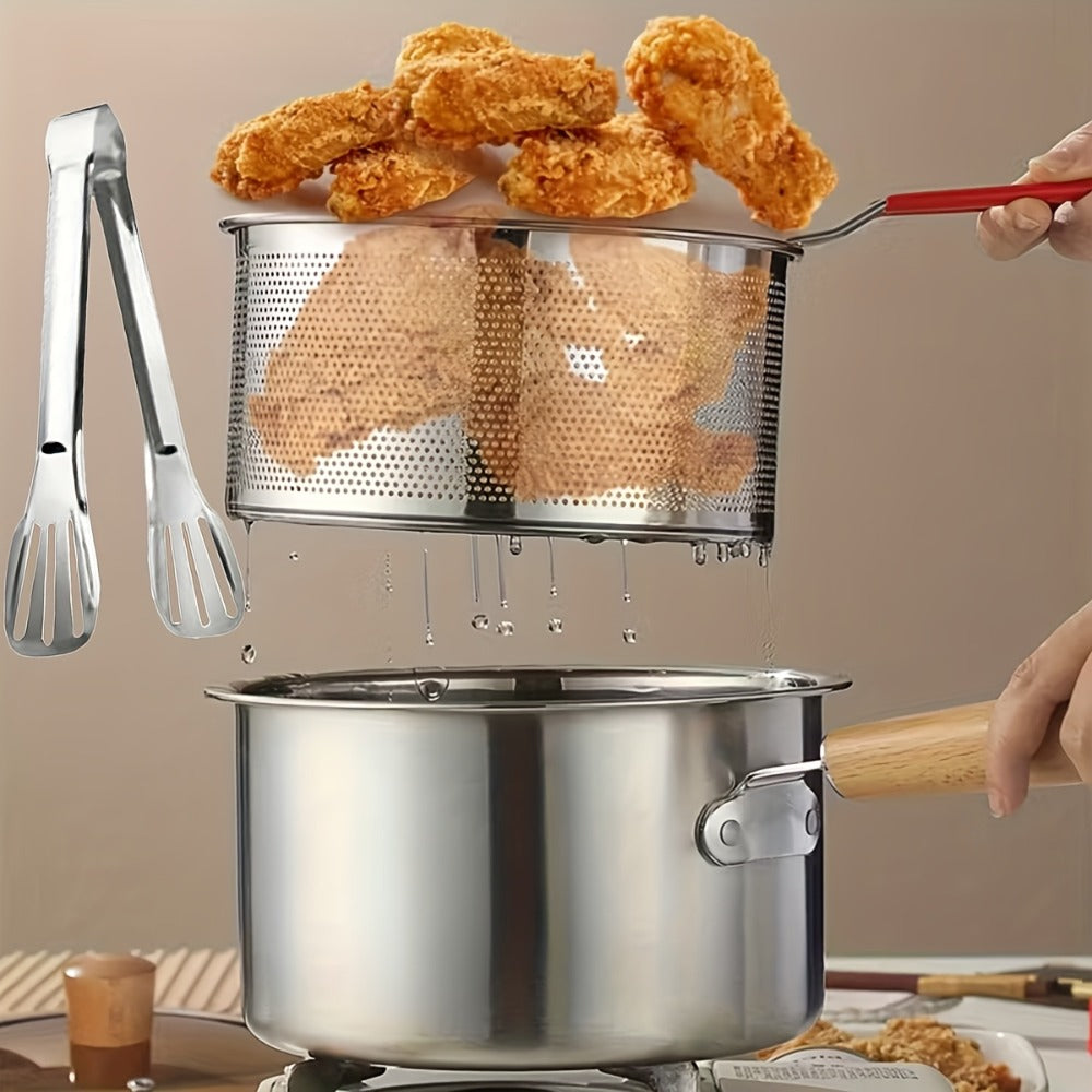 Cookware Set, Four-Piece Stainless Steel Fryer Pot with 7.87-Inch Glass Lid, Basket Rack, Tongs and Wood-Look Handle
