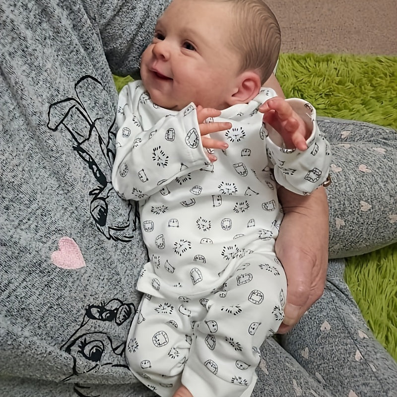 Reborn Doll, 19-Inch Cloth-Body Smiling Figure with Vinyl Head and Limbs, Printed Outfit and Bottle