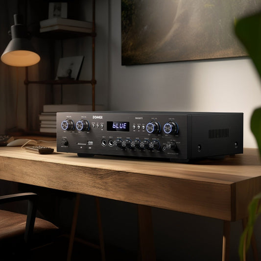 Donner 4-Channel Home Stereo Receiver Amplifier with USB SD FM Radio, Dual Mic Input Echo, RCA, LED Display for Home Sound System Karaoke Living Room