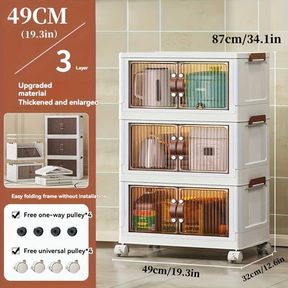 Storage Cabinet 49cm Foldable Rolling Organizer with Translucent Doors and Two to Five Layers
