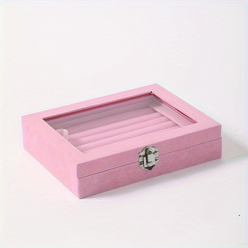 Jewelry Box with Locking Lid – 49-Ring Capacity Glass-Like Plastic Ring & Earring Organizer, Large Rectangular Storage Case, Waterproof Anti-Tarnish, 4 Colors, Holiday Gift