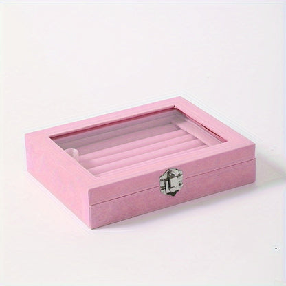 Jewelry Box with Locking Lid – 49-Ring Capacity Glass-Like Plastic Ring & Earring Organizer, Large Rectangular Storage Case, Waterproof Anti-Tarnish, 4 Colors, Holiday Gift