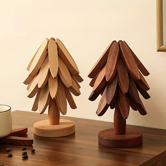 Solid Wood Trivet Mat Set 6pcs with Storage Rack – Heat-Resistant Tree-Shaped Coasters, Natural Foldable Wooden Kitchen Trivets for Hot Dishes, Pots, Bowls & Teapots