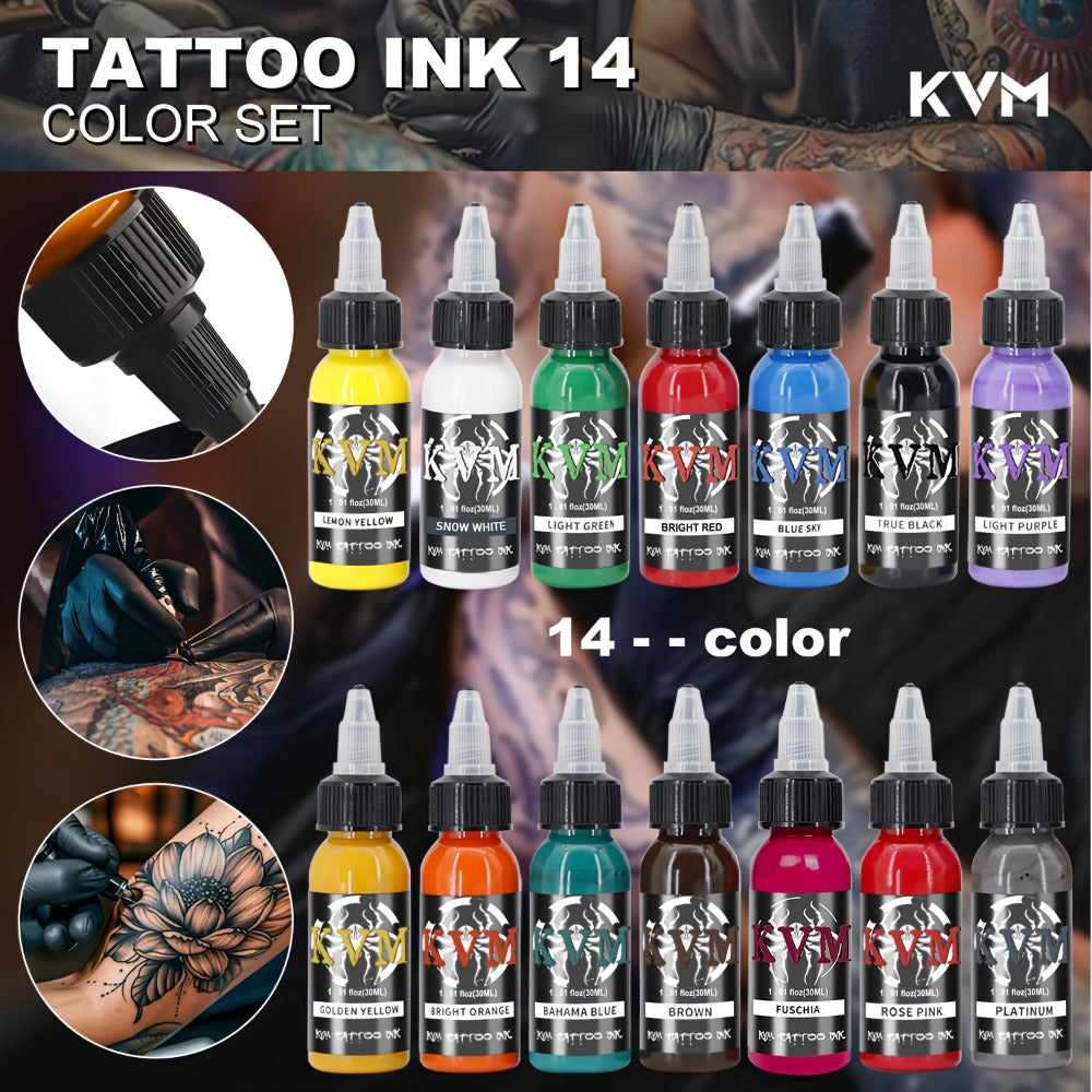 1oz Tattoo Ink Set 7 & 14 Colors Professional - 30ml Stable Vibrant Pigment Bottles, Fade-Resistant Permanent Ink for Rotary Coil & Pen Tattoo Machine, Complete Color Kit for Artists & Beginners