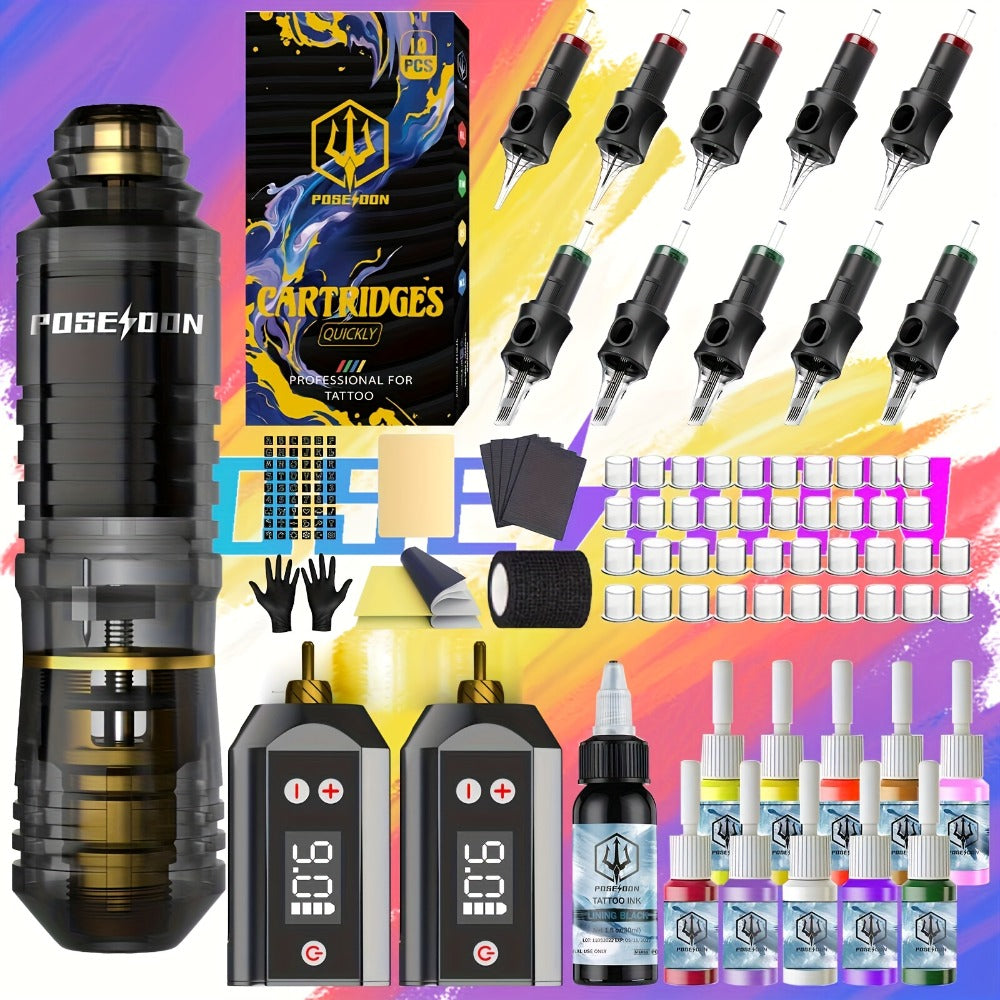 Tattoo Pen Kit Wireless Battery Tattoo Gun with LCD Screen, 1500mAh Cordless Rotary Tattoo Machine, 10pcs Cartridge Needles, 11 Color Inks & Power Supply – Complete Tattoo Kit for Beginners & Artists