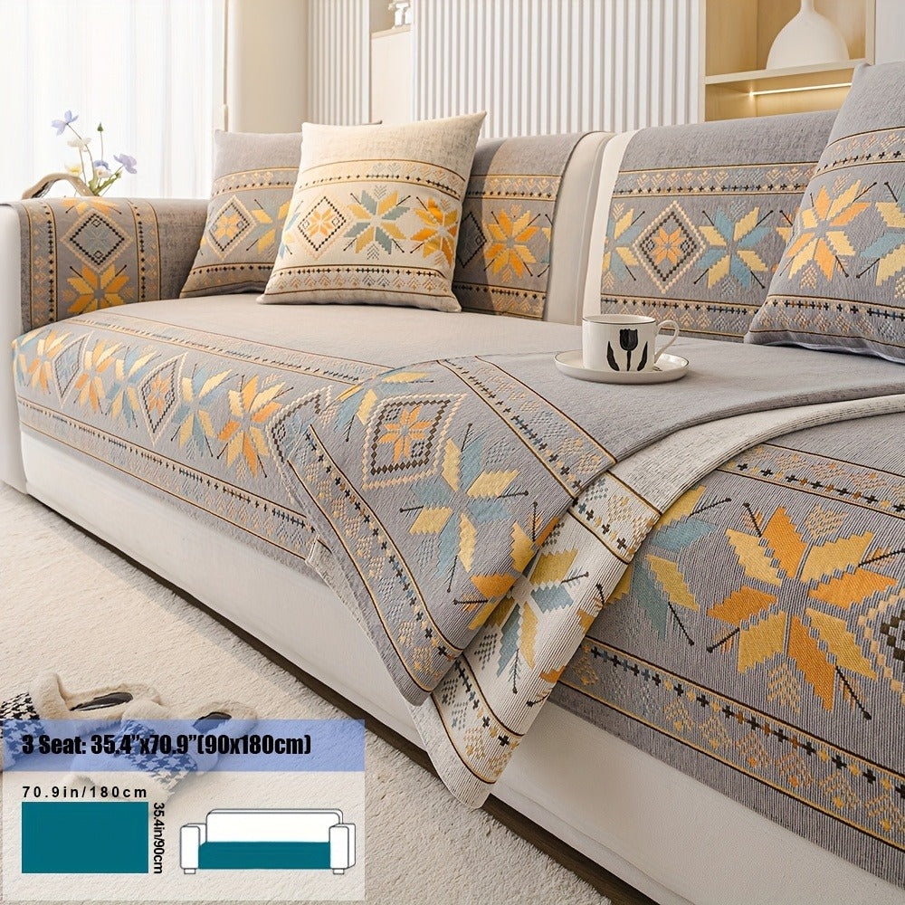 Sofa Cover, Chenille Bohemian-Style Couch Pad in Three Colors with Armrest and One-to-Four-Seat Sizes