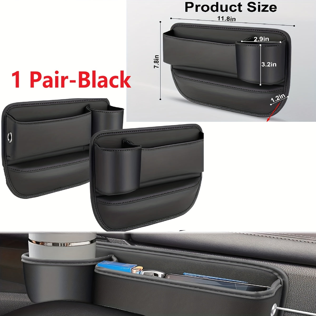 Car Seat Gap Organizer with Cup Holder – Adjustable PU Leather Side Seat Storage Box for Phone, Keys, Glasses & Cards | Multi-Functional Car Interior Organizer (2-Pack, Black)