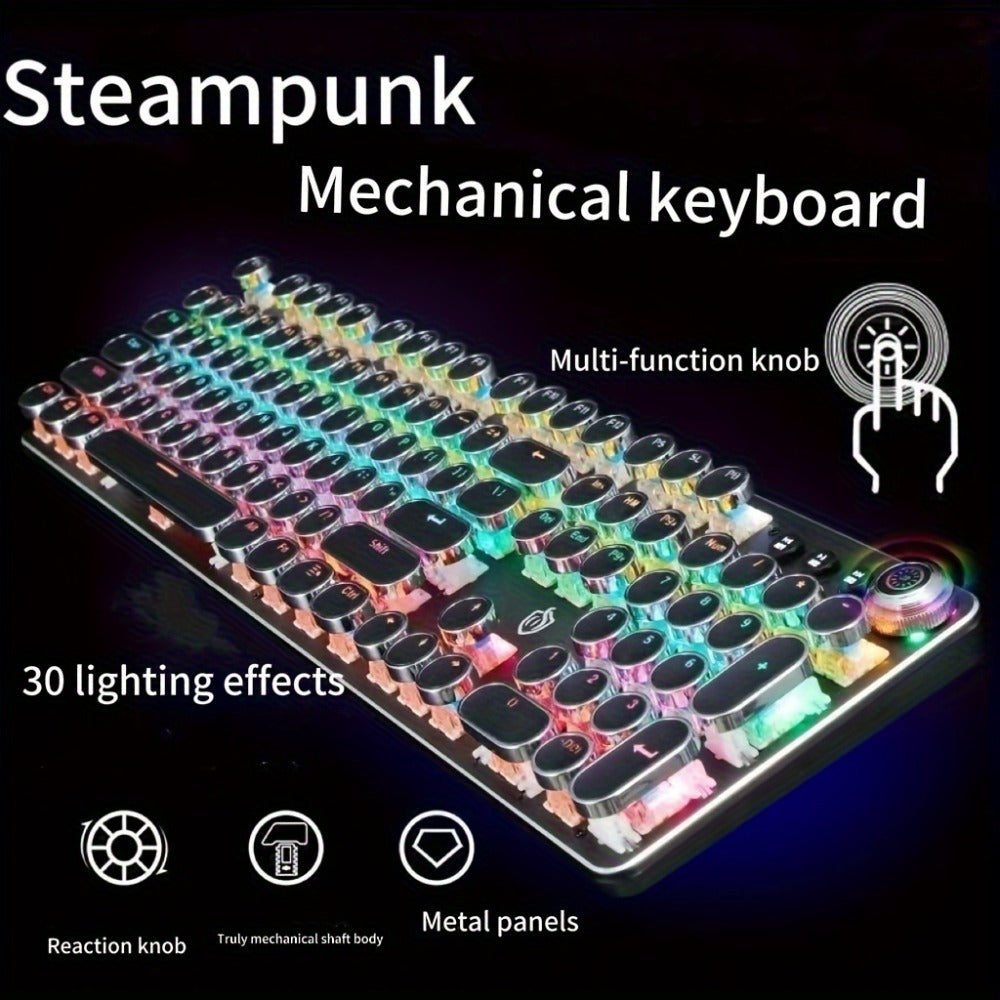 Mechanical Keyboard with Retro Round Keycaps, Green Switches, RGB Backlighting and Multifunction Control Knob