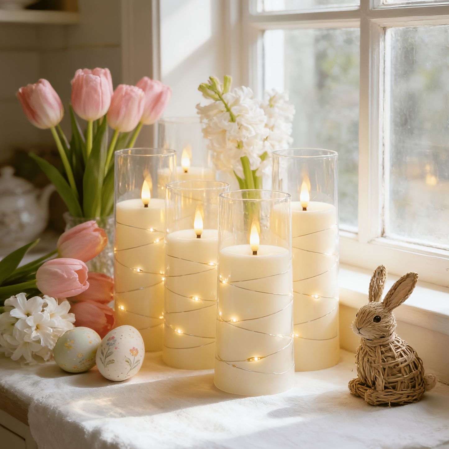 Flameless LED Candles with Remote Control Timer and Star String Lights Set of 5 or 7 Pillar Candles for Wedding Garden Home Decor Anniversary Gift Grey Ivory Gold Red