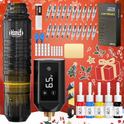 Tattoo Machine Kit VOID Complete Set 20 Cartridge Needles 5 Inks Power Supply Practice Skin Transfer Paper Gloves Rotary Tattoo Pen for Beginners & Artists Gift