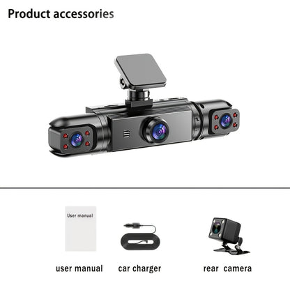 360° Panoramic Dash Cam 3 & 4 Lens 1080P HD Front + 720P Rear Left Right, Quad-Split Screen, HD Night Vision WDR G-Sensor Loop Recording, Full Coverage Car Camera, 32GB/64GB SD Card Options