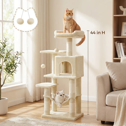 44- or 66-Inch Cat Tree Condo with Cave, Hammock, Raised Platforms and Four Color Options for Indoor Cats