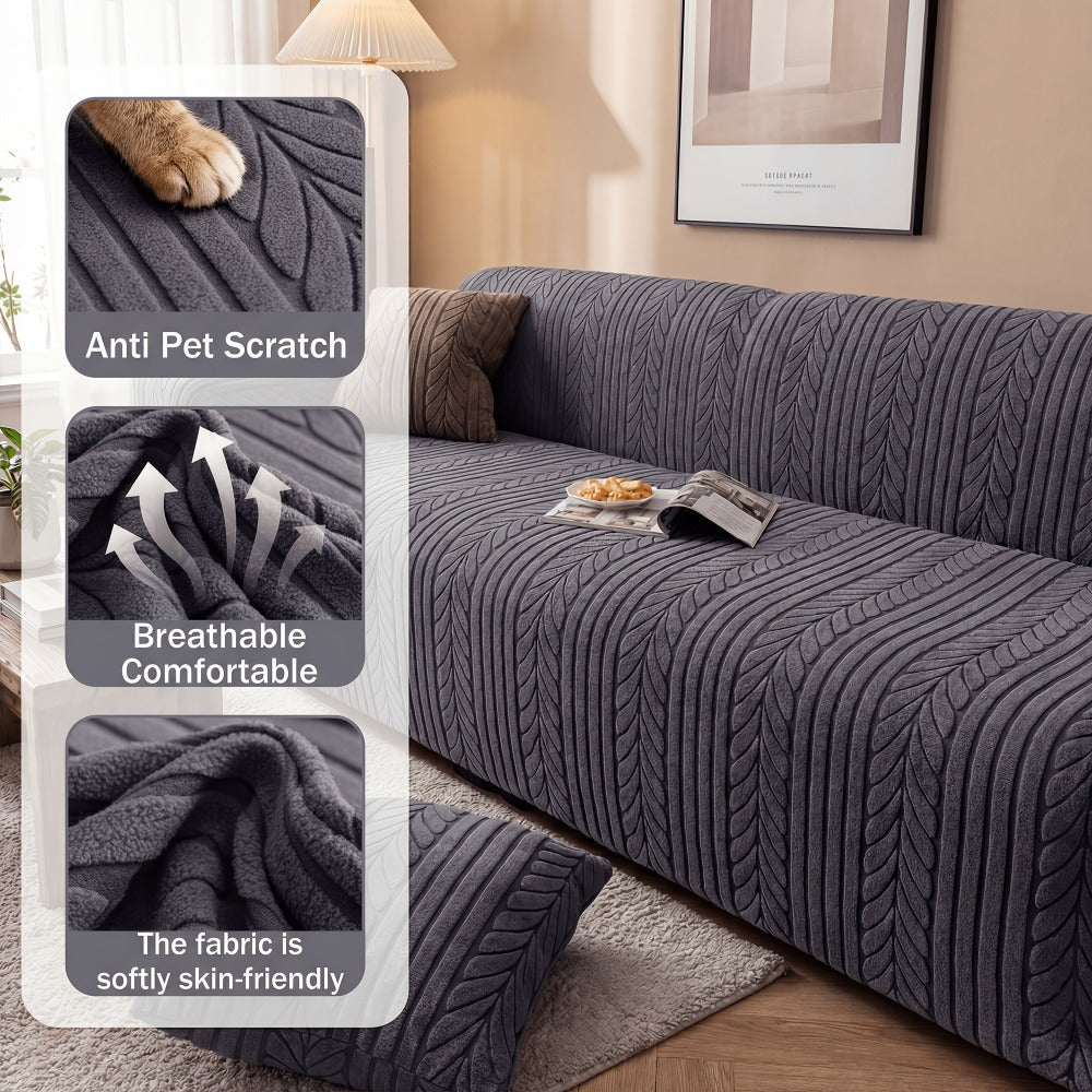 Sofa Cover Elastic Velvet Leaf Jacquard Full-Cover Slipcover with Pillowcase for 1 to 4-Seater Sofas