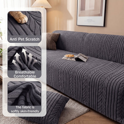 Sofa Cover Elastic Velvet Leaf Jacquard Full-Cover Slipcover with Pillowcase for 1 to 4-Seater Sofas