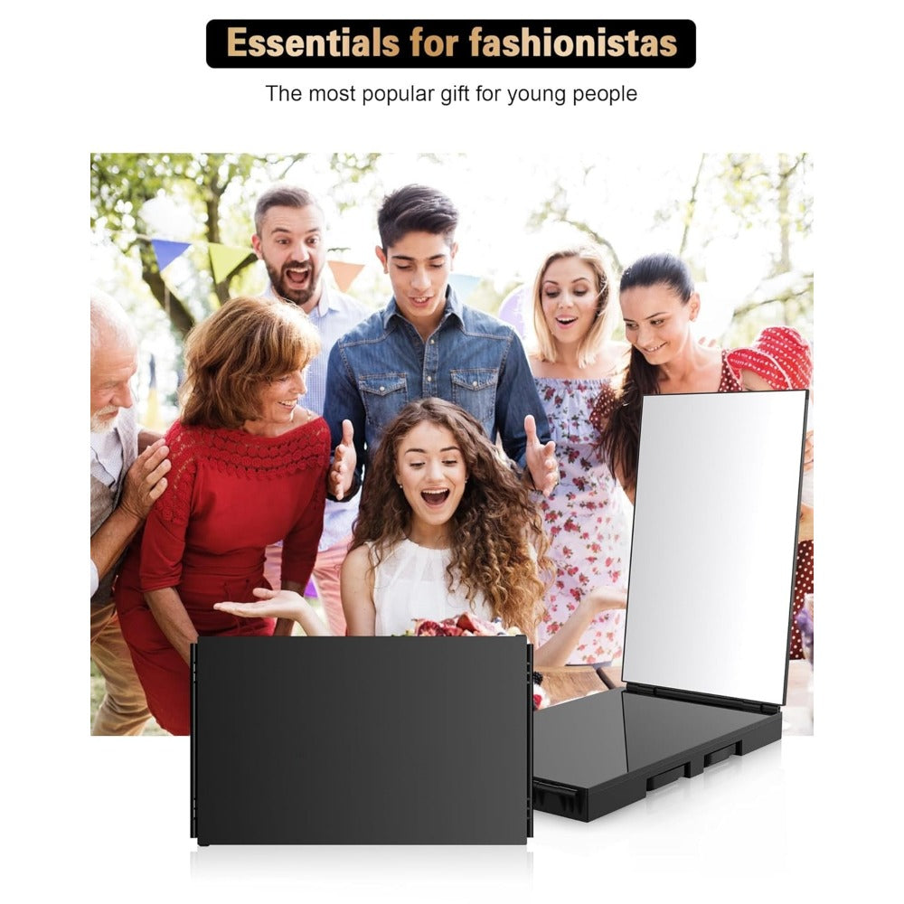 Hair Cutting Mirror 3 Way with LED Light - 360° View Trifold Barber Mirror, Adjustable Height, Door Hang Wall Mount or Tabletop