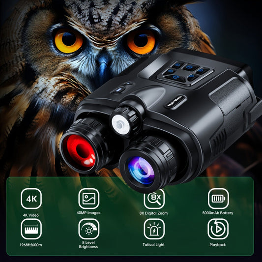 Night Vision Binoculars 4K Digital Infrared, 8x Digital Zoom 5x Optical Zoom, 5000mAh Battery, 3-inch HD Display, 64GB Card, Tactical Flashlight, for Hunting Wildlife Surveillance Outdoor