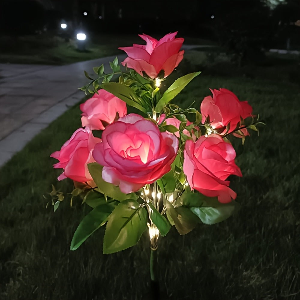 Solar Rose Garden Stake Lights with Separate Panels, Two Stakes and 14 Flowers in Red or Pink