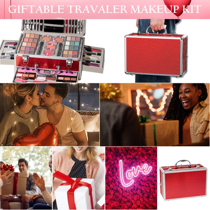 106-Piece Makeup Case Set with Red or Silver Carry Case, Fold-Out Color Palettes, Lip Products and Ten Makeup Brushes