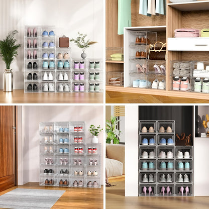 Clear Stackable Shoe Storage Boxes 6/12 Pack XX Large Hard Plastic Organizer for Size 12 Sneakers Closet White