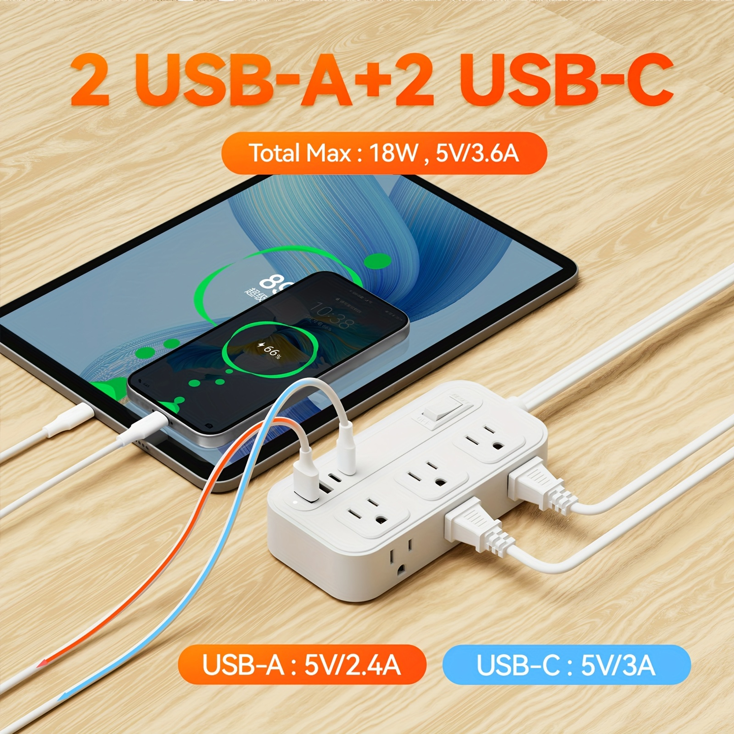 Power Strip Flat Plug with 6 AC Outlets, 2 USB-A, 2 USB-C and 3-Inch, 5-Foot or 10-Foot Cord Options