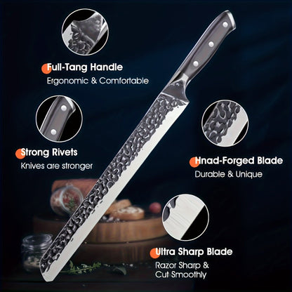 Long Brisket Slicing Kitchen Knife with 11.51-Inch Pictured Blade, Granton Edge and Wood-Tone Handle