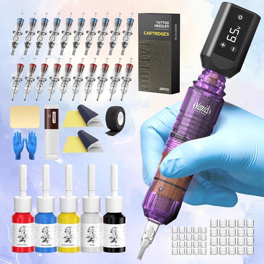 Cordless Tattoo Pen Kit Complete Set VOID 1200mAh Battery USB Type-C 20 Needles 5 Inks 40 Ink Caps Practice Skin Transfer Paper Gloves for Beginners & Professionals