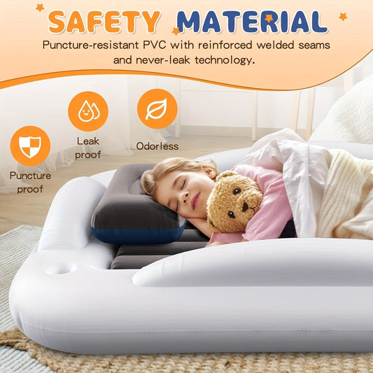 Kids Inflatable Travel Bed – Portable Children Air Mattress with Fast Inflation, Separate Mattress Design, for Home Camping Vacation Grandma's, Ages 3-10, Blue Grey