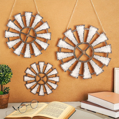 Wood Windmill Wall Decor, Three-Piece Set with Distressed White-and-Brown Finish in Graduated Sizes